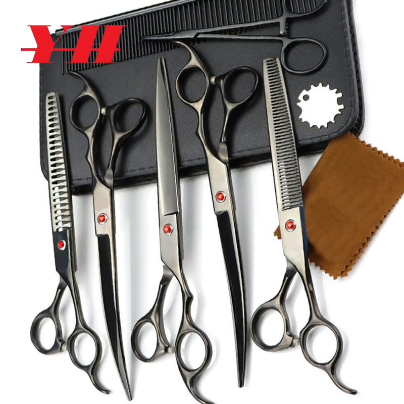 YH-7 PCS Pet Tesoura De Corte De Cabelo, Galvanizado Preto Pet Tesoura De Corte De Cabelo Set para Pet Groom