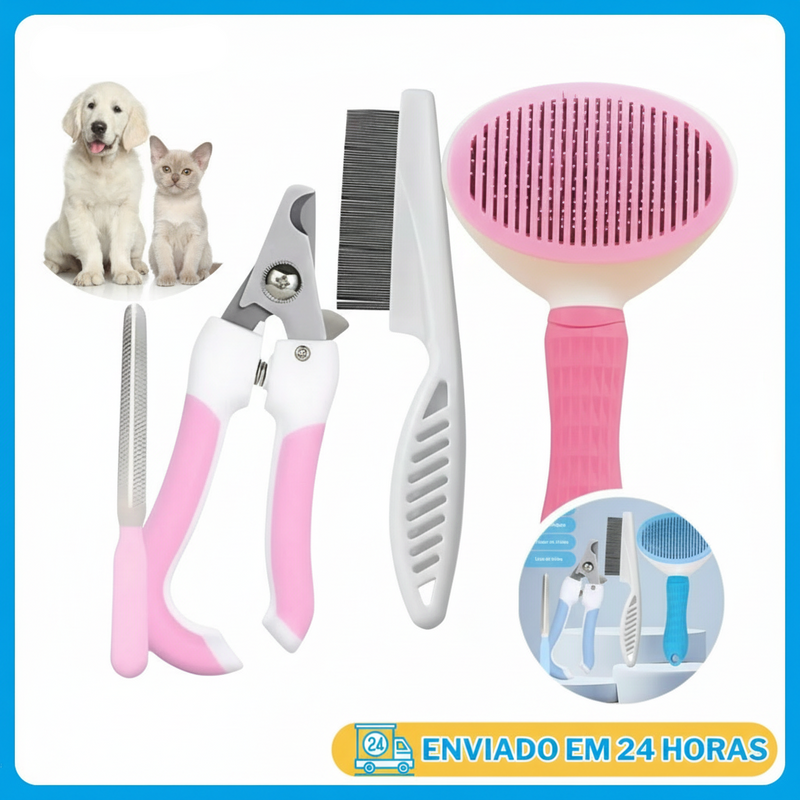 KIT 4 Pçs para Pets: Escova Removedora Tira Pelos de Cães E Gatos +Pente de Pulgas+Cortador de Unhas+Lixa de Unha PET-01